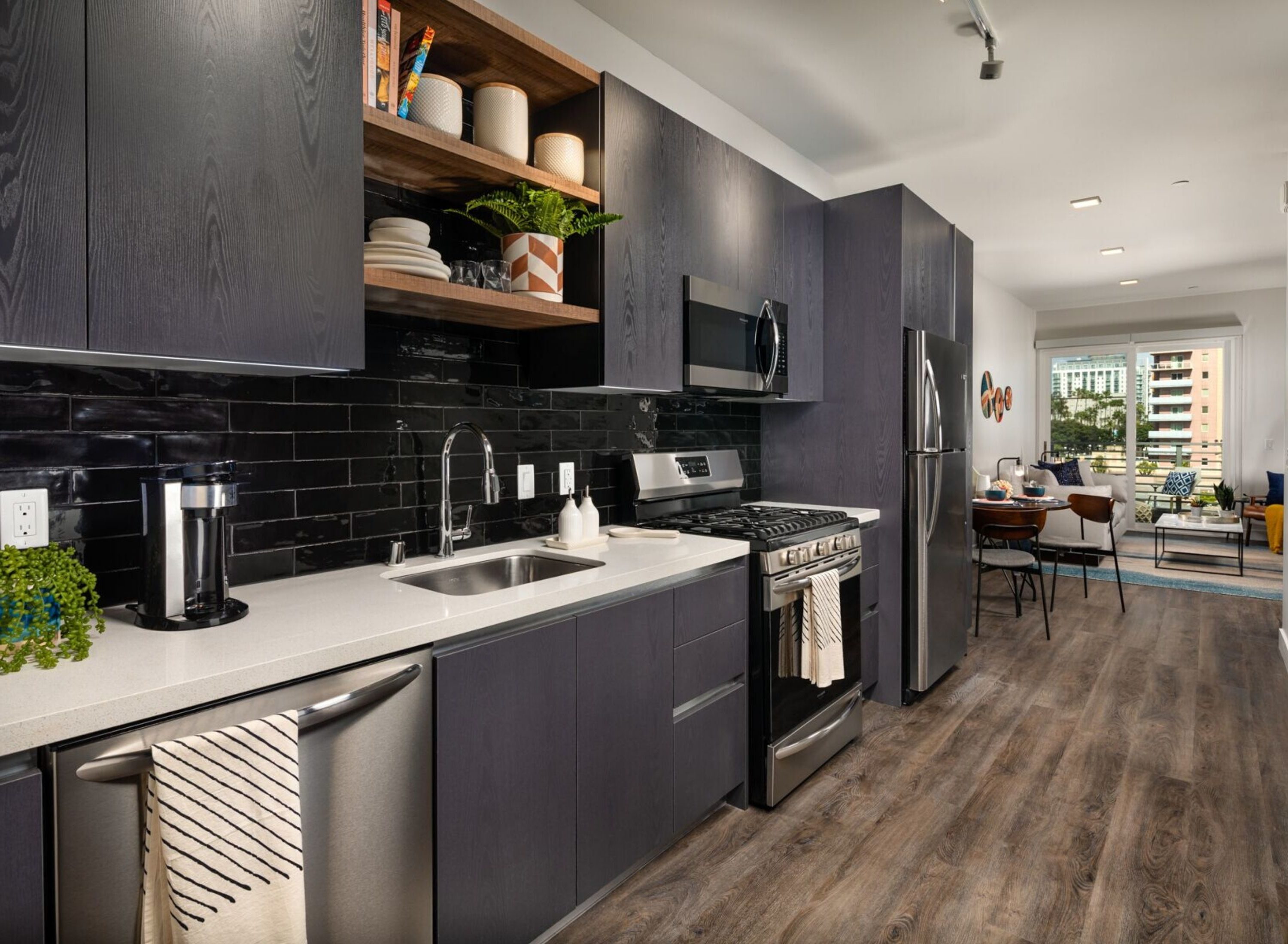 Dark themed kitchen at the Crest Long Beach