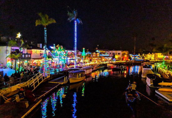 The Gondola Getaway holiday lights near The Crest apartments in downtown Long Beach