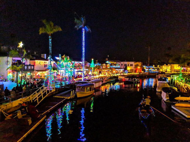 The Gondola Getaway holiday lights near The Crest apartments in downtown Long Beach